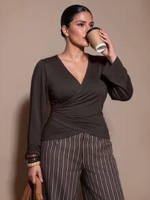 SHEIN BAE CURVE Plus Size Women's Brown Fitted Asymmetrical Long Sleeve Top, Autumn/Winter,Elegant Attire, Luxury, Going Out, Weddings, Halloween, Basics Fall - Brown - View 5