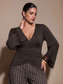 SHEIN BAE CURVE Plus Size Women's Brown Fitted Asymmetrical Long Sleeve Top, Autumn/Winter,Elegant Attire, Luxury, Going Out, Weddings, Halloween, Basics Fall - Brown - View 7