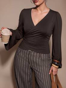 SHEIN BAE CURVE Plus Size Women's Brown Fitted Asymmetrical Long Sleeve Top, Autumn/Winter,Elegant Attire, Luxury, Going Out, Weddings, Halloween, Basics Fall - Brown - View 6