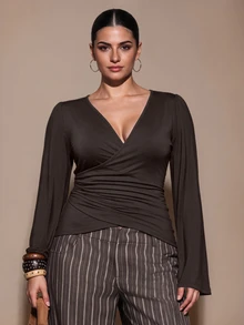 SHEIN BAE CURVE Plus Size Women's Brown Fitted Asymmetrical Long Sleeve Top, Autumn/Winter,Elegant Attire, Luxury, Going Out, Weddings, Halloween, Basics Fall - Brown - View 2