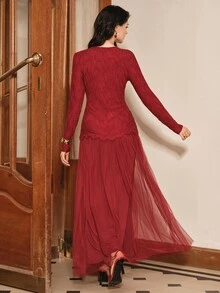 Anewsta Vintage Burgundy Textured Long Sleeve Lace Patchwork Drape Mesh Soft Long Dress For Women - Burgundy - View 2