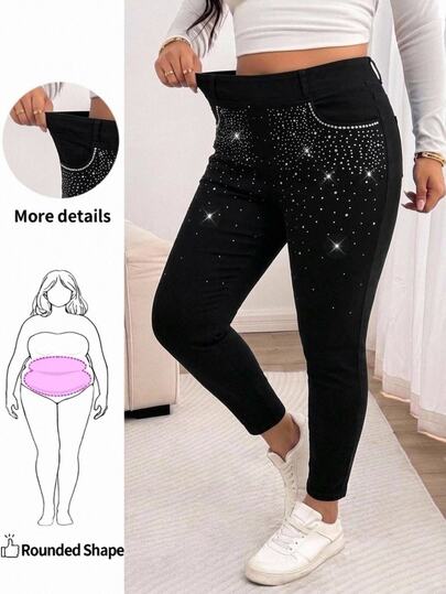 Enliva Plus Size Fashion Hot Girl Rhinestone Embellished Pocket Skinny Jeans Girls Night Club Concert Black Summer Sexy Cowgirl Traditional