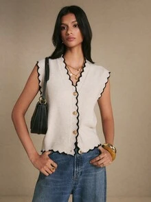 Poéselle Women's Summer Autumn Winter New Fashion Curved Hem Single-Breasted Knit Vest Office Brunch Black And White French Elegant - Light Grey - View 4