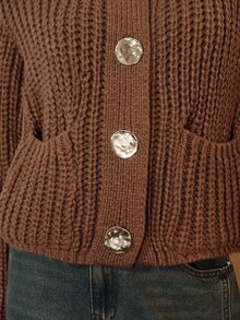 Aveloria Modichic Fall Coffee Brown Chunky Knit Cable Round Neck Pocket Wavy Texture Metal Button Decor Loose Short Women's Cardigan French Casual Brunch Versatile - Coffee Brown - View 5