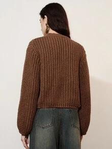 Aveloria Modichic Fall Coffee Brown Chunky Knit Cable Round Neck Pocket Wavy Texture Metal Button Decor Loose Short Women's Cardigan French Casual Brunch Versatile - Coffee Brown - View 6