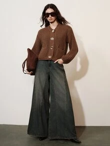 Aveloria Modichic Fall Coffee Brown Chunky Knit Cable Round Neck Pocket Wavy Texture Metal Button Decor Loose Short Women's Cardigan French Casual Brunch Versatile - Coffee Brown - View 3
