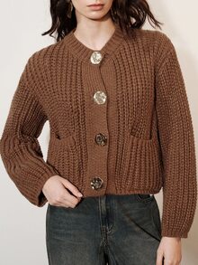 Aveloria Modichic Fall Coffee Brown Chunky Knit Cable Round Neck Pocket Wavy Texture Metal Button Decor Loose Short Women's Cardigan French Casual Brunch Versatile - Coffee Brown - View 7