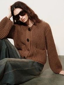 Aveloria Modichic Fall Coffee Brown Chunky Knit Cable Round Neck Pocket Wavy Texture Metal Button Decor Loose Short Women's Cardigan French Casual Brunch Versatile - Coffee Brown - View 2