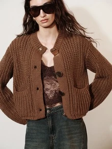Aveloria Modichic Fall Coffee Brown Chunky Knit Cable Round Neck Pocket Wavy Texture Metal Button Decor Loose Short Women's Cardigan French Casual Brunch Versatile - Coffee Brown - View 8