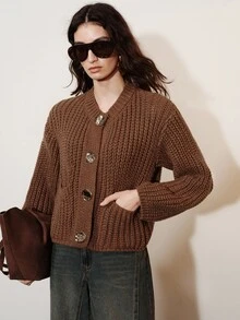 Aveloria Modichic Fall Coffee Brown Chunky Knit Cable Round Neck Pocket Wavy Texture Metal Button Decor Loose Short Women's Cardigan French Casual Brunch Versatile - Coffee Brown - View 4