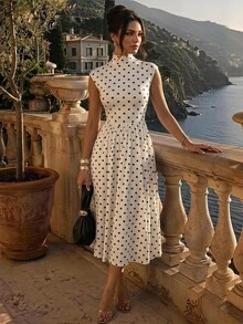 SHEIN PETITE Gaun Wanita Kerah Tinggi Lengan Pendek Motif Polkadot - Putih - View 11