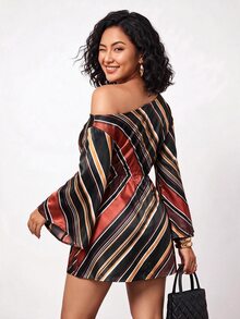 Truni Plus-Size Women's Asymmetrical Neckline Dress With Stylish Diagonal StripesPear Body,Triangle Body - Multicolor - View 2