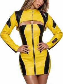 SHEIN ICON Women's Autumn/Winter Motorcycle Street Fashion Yellow & Black Colorblock Loose Super Cropped Jacket - Multicolor - View 3