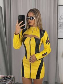 SHEIN ICON Women's Autumn/Winter Motorcycle Street Fashion Yellow & Black Colorblock Loose Super Cropped Jacket - Multicolor - View 5