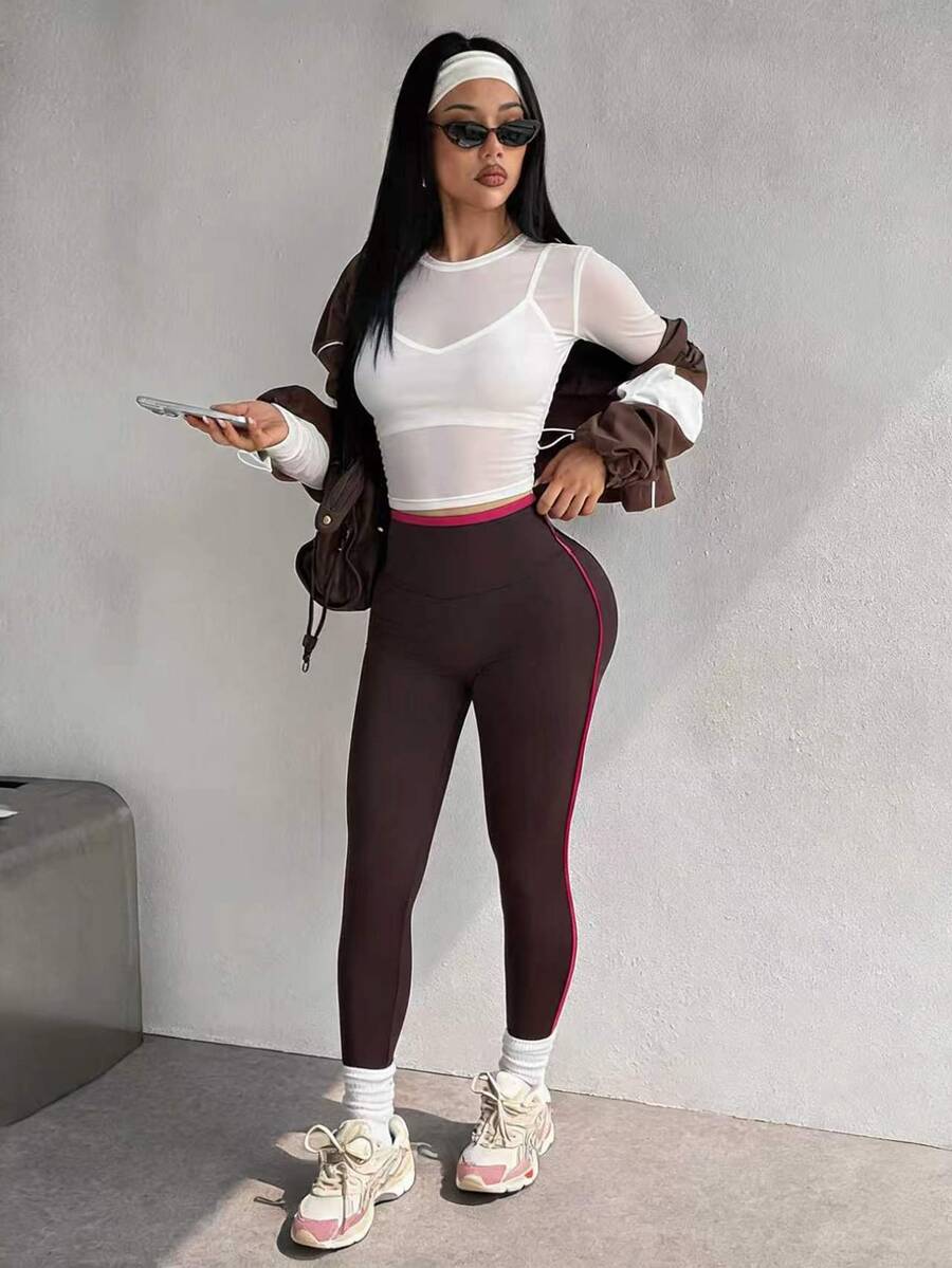 SHEIN PariChic Sheer Mesh Slim Fit Long Sleeve Sports T-Shirt - White - View 1