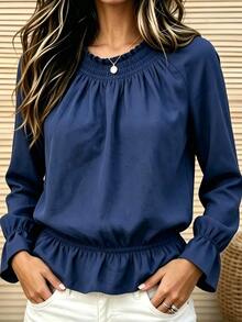 Holdful Holdful New Autumn Women's Long Sleeve T-Shirt Blouse With Ruffle Hem, Fashion Design Solid Color Top - Navy Blue - View 1