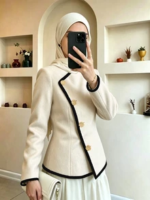 SHEIN Clasi 女款秋冬新款休閒優雅對比飾邊金屬鈕扣裝飾夾克 - 杏色 - 查看 6