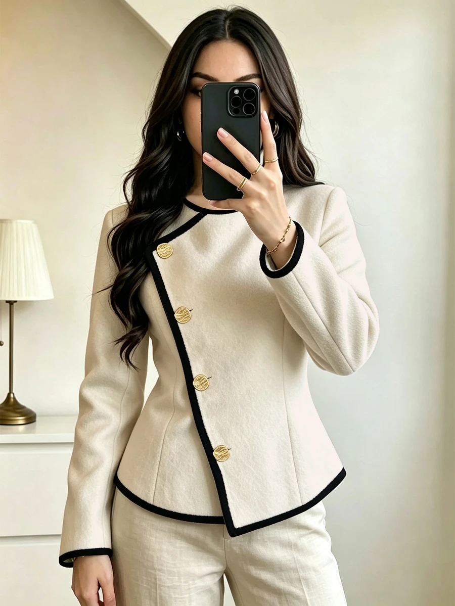 SHEIN Clasi 女款秋冬新款休閒優雅對比飾邊金屬鈕扣裝飾夾克 - 杏色 - 查看 1