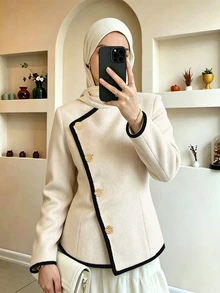 SHEIN Clasi 女款秋冬新款休閒優雅對比飾邊金屬鈕扣裝飾夾克 - 杏色 - 查看 3