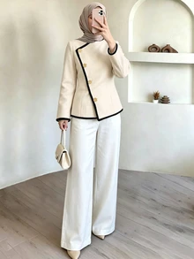 SHEIN Clasi 女款秋冬新款休閒優雅對比飾邊金屬鈕扣裝飾夾克 - 杏色 - 查看 5