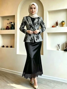 Celisse Women's Autumn/Winter New Elegant Commuter Printed Blazer And Satin Lace Patchwork Mermaid Skirt - Grey - View 7