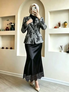 Celisse Women's Autumn/Winter New Elegant Commuter Printed Blazer And Satin Lace Patchwork Mermaid Skirt - Grey - View 5
