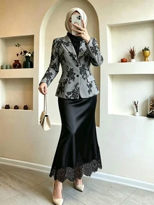 Celisse Women's Autumn/Winter New Elegant Commuter Printed Blazer And Satin Lace Patchwork Mermaid Skirt - Grey - View 4