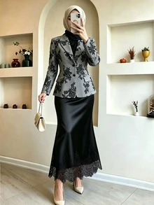 Celisse Women's Autumn/Winter New Elegant Commuter Printed Blazer And Satin Lace Patchwork Mermaid Skirt - Grey - View 3