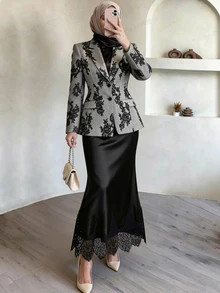Celisse Women's Autumn/Winter New Elegant Commuter Printed Blazer And Satin Lace Patchwork Mermaid Skirt - Grey - View 1