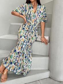 SHEIN Women Summer Printed V-Neck Batwing Sleeve Dress With Ruched Waist And Fish Tail Hem Maxi Outfit Vacation Green And Blue European Tropical - Multicolor - View 7