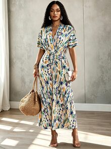 SHEIN Women Summer Printed V-Neck Batwing Sleeve Dress With Ruched Waist And Fish Tail Hem Maxi Outfit Vacation Green And Blue European Tropical - Multicolor - View 3