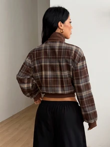 Coolane Jaket Katun Wanita Nyaman Hangat Musim Gugur / Musim Dingin Gaya Vintage Kasual Streetwear Preppy Motif Kotak-kotak Cokelat Kerah Tegak Resleting Pendek Longgar Ukuran Besar - Coklat - View 8