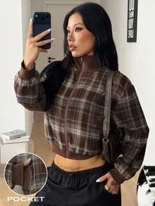 Coolane Jaket Katun Wanita Nyaman Hangat Musim Gugur / Musim Dingin Gaya Vintage Kasual Streetwear Preppy Motif Kotak-kotak Cokelat Kerah Tegak Resleting Pendek Longgar Ukuran Besar - Coklat - View 5
