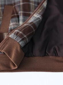 Coolane Jaket Katun Wanita Nyaman Hangat Musim Gugur / Musim Dingin Gaya Vintage Kasual Streetwear Preppy Motif Kotak-kotak Cokelat Kerah Tegak Resleting Pendek Longgar Ukuran Besar - Coklat - View 9