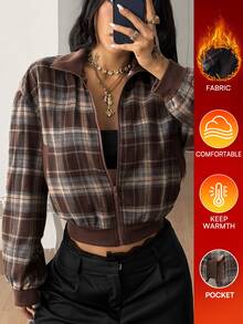Coolane Jaket Katun Wanita Nyaman Hangat Musim Gugur / Musim Dingin Gaya Vintage Kasual Streetwear Preppy Motif Kotak-kotak Cokelat Kerah Tegak Resleting Pendek Longgar Ukuran Besar - Coklat - View 3