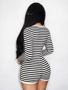 BamGleam Casual Vintage Striped Square Neck Knit Jumpsuit, Long Sleeve Ribbed Slim Fit Short Bodysuit For Petite Women, Suitable For Outdoor And Home Wear - Black and White - View 4