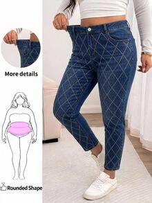 Enliva بنطلون جينز ضيق بخصر عالي للنساء بمقاسات كبيرة، مزود بجيوب وإغلاق بأزرار وتصميم مبطن بالماس، مناسب للارتداء اليومي والخروجات والحفلات - أزرق داكن - مشاهدة 2