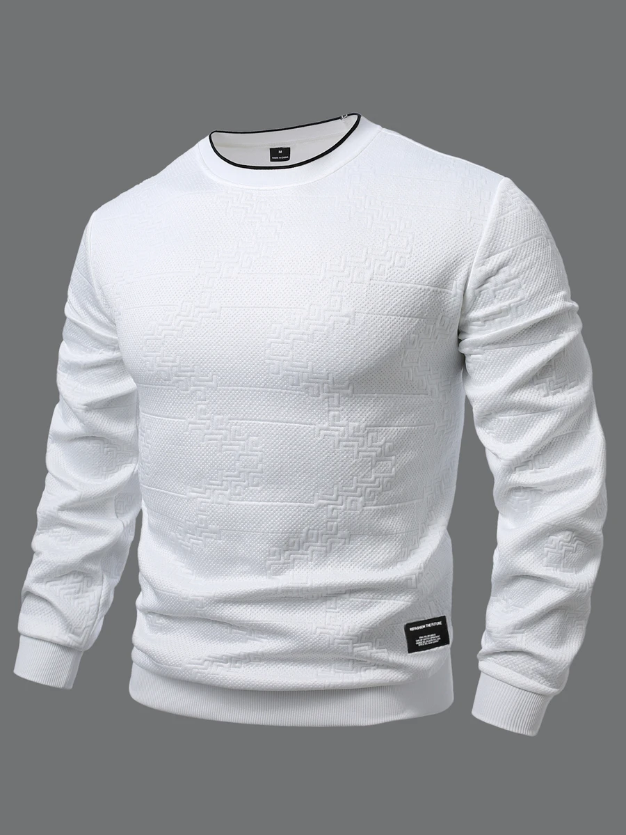 EGENSIO Men's Knitted Jacquard Scenery Textured White Horse Pattern Fabric Collar Cuff Flat Hem Ribbed Black Label Pullover Sweatshirt - White - View 1
