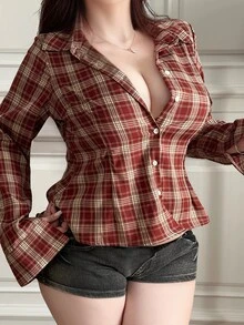 REIGN AVE Plus Size Women's Plaid Lapel Loose Fit Red Long Sleeve Blouse, Spring/Summer Vacation - Red - View 2