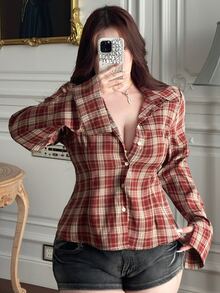 REIGN AVE Plus Size Women's Plaid Lapel Loose Fit Red Long Sleeve Blouse, Spring/Summer Vacation - Red - View 7