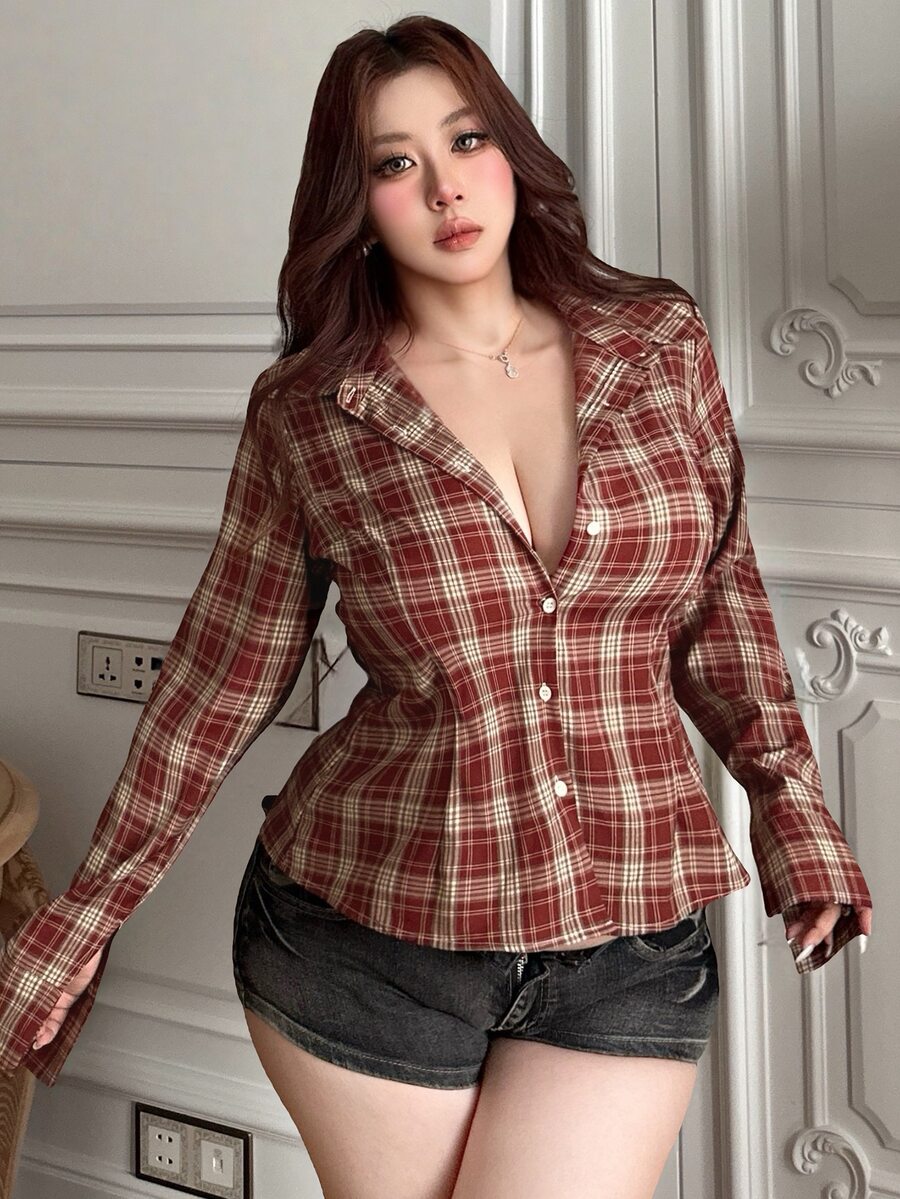 REIGN AVE Plus Size Women's Plaid Lapel Loose Fit Red Long Sleeve Blouse, Spring/Summer Vacation - Red - View 1