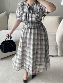 REIGN AVE Spring/Summer Plaid Cinched Waist Pleated Ruffle Hem Flared Skirt Slim Fit Casual Versatile Dress Plus Size Women - Black and White - View 6