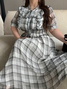 REIGN AVE Spring/Summer Plaid Cinched Waist Pleated Ruffle Hem Flared Skirt Slim Fit Casual Versatile Dress Plus Size Women - Black and White - View 4