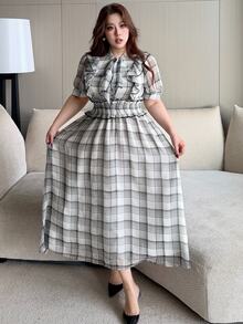 REIGN AVE Spring/Summer Plaid Cinched Waist Pleated Ruffle Hem Flared Skirt Slim Fit Casual Versatile Dress Plus Size Women - Black and White - View 5