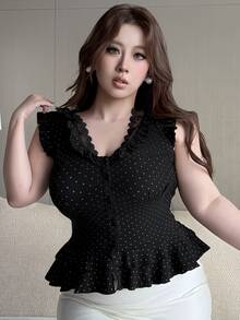 REIGN AVE Plus Size Polka Dot Contrast Lace Frill Trim Fitted V-Neck Cropped Casual Vacation Top Tight Sexy Spring Summer T-Shirt Tea Party - Black - View 7