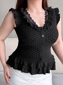REIGN AVE Plus Size Polka Dot Contrast Lace Frill Trim Fitted V-Neck Cropped Casual Vacation Top Tight Sexy Spring Summer T-Shirt Tea Party - Black - View 5