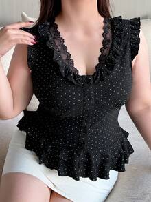 REIGN AVE Plus Size Polka Dot Contrast Lace Frill Trim Fitted V-Neck Cropped Casual Vacation Top Tight Sexy Spring Summer T-Shirt Tea Party - Black - View 4