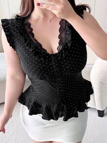 REIGN AVE Plus Size Polka Dot Contrast Lace Frill Trim Fitted V-Neck Cropped Casual Vacation Top Tight Sexy Spring Summer T-Shirt Tea Party - Black - View 6