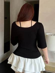 REIGN AVE Plus Size 2 In 1 Splicing Contrast Color Pleated Drawstring Tie Waist Slim Casual Versatile Black Short Sleeve T-Shirt Cute Tops Summer - Black - View 3