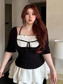 REIGN AVE Plus Size 2 In 1 Splicing Contrast Color Pleated Drawstring Tie Waist Slim Casual Versatile Black Short Sleeve T-Shirt Cute Tops Summer - Black - View 1